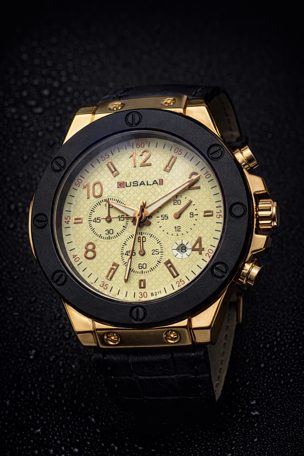 Luxury Chronograph Men’s Watch – Gold & Black Leather Strap